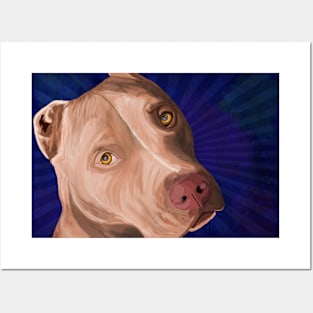 Red Nose Pit Bull Painted on Blue Background Posters and Art